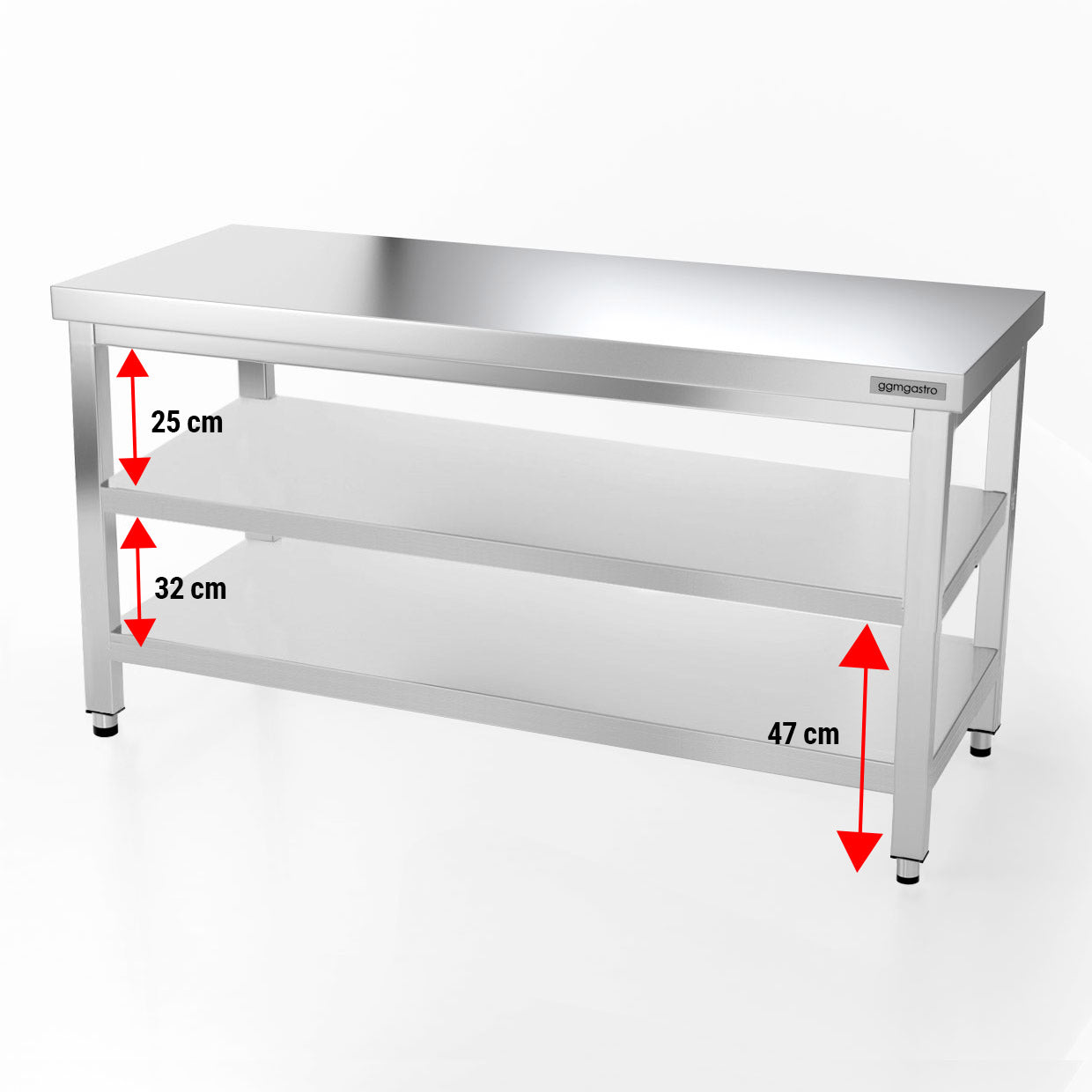 Rustfrit stål arbejdsbord PREMIUM - 1,6 m - med underhylde & mellemhylde