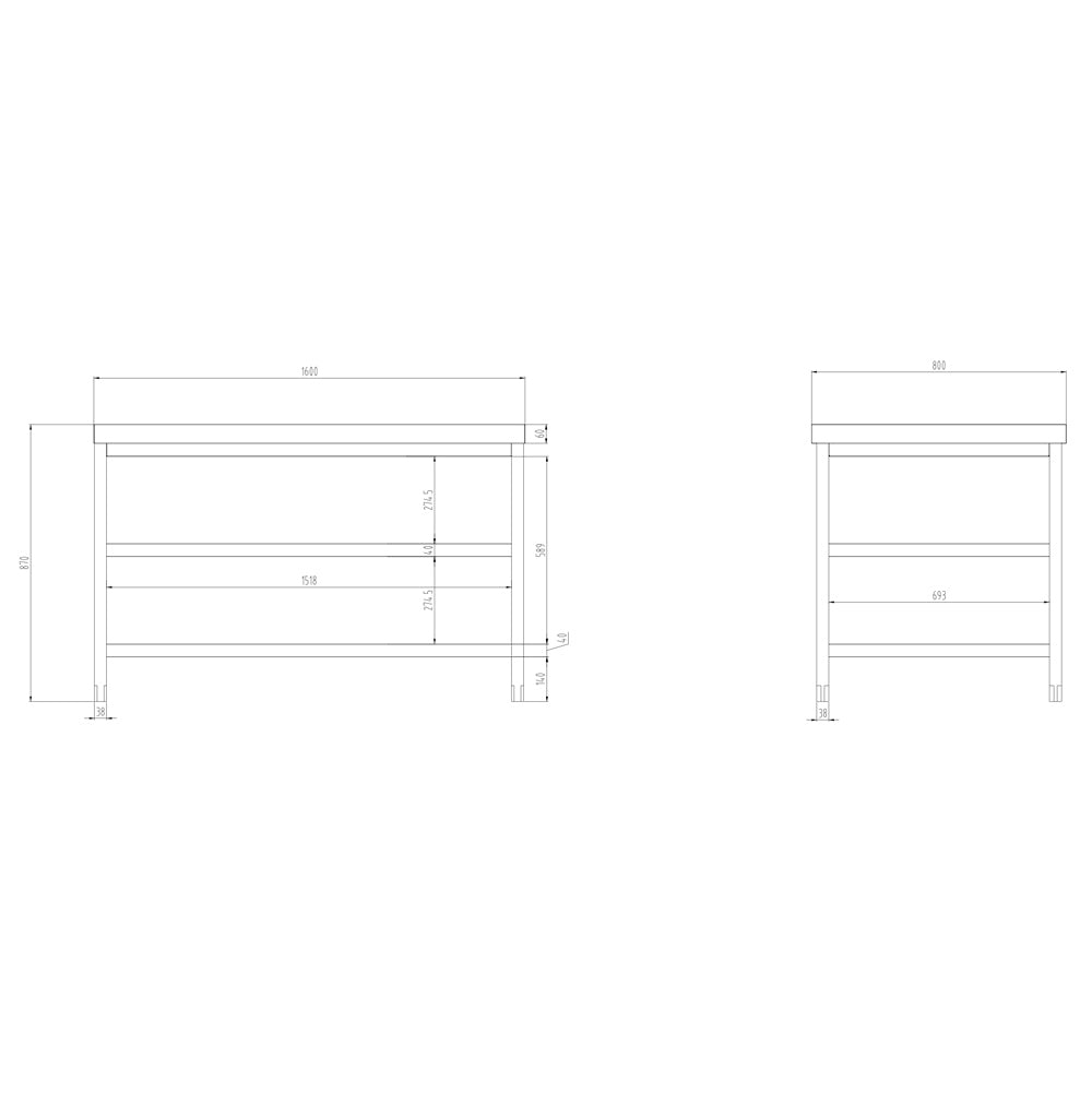 Rustfrit stål arbejdsbord PREMIUM - 1,6 m - med underhylde & mellemhylde