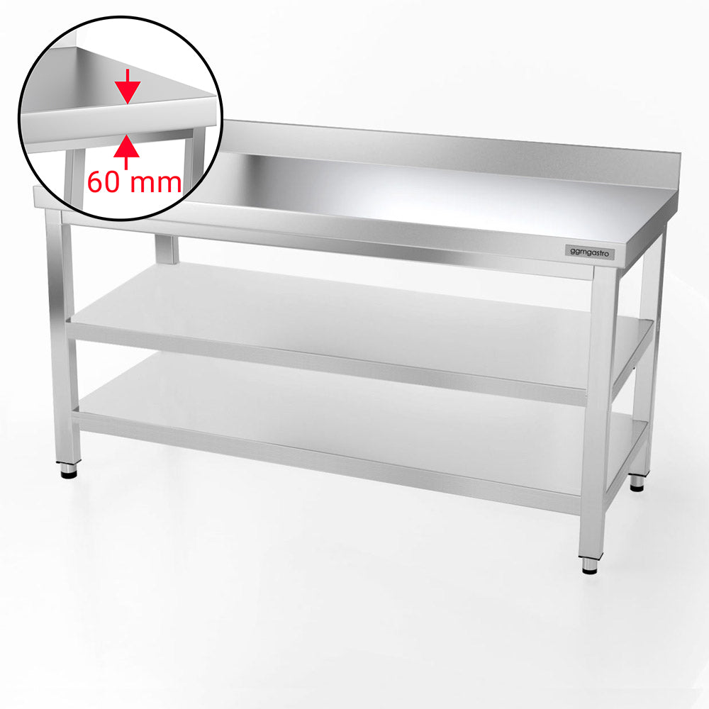 Rustfrit stål arbejdsbord PREMIUM - 1,6 m - med underhylde, mellemhylde & bagkant