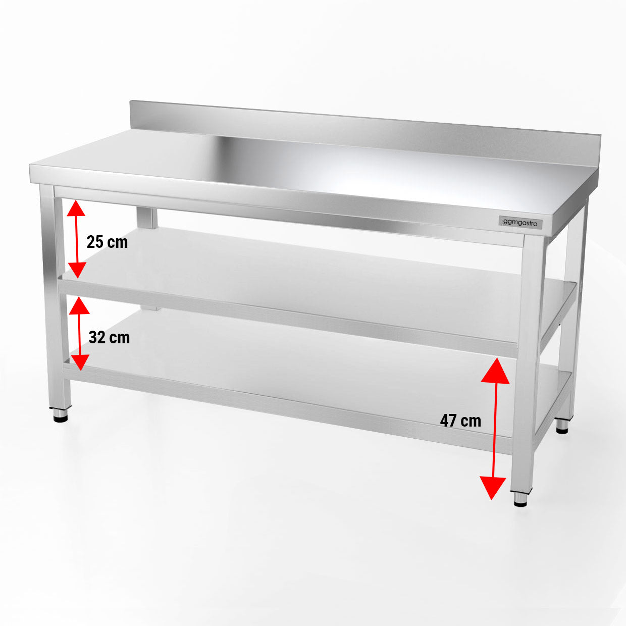 Rustfrit stål arbejdsbord PREMIUM - 1,6 m - med underhylde, mellemhylde & bagkant