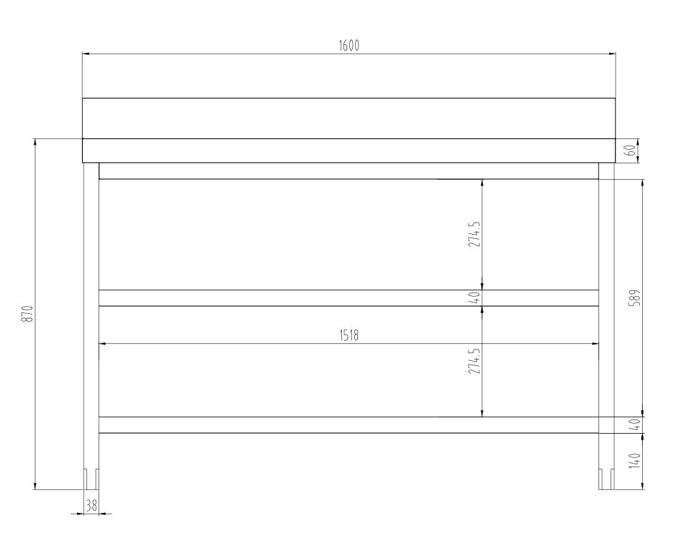 Rustfrit stål arbejdsbord PREMIUM - 1,6 m - med underhylde, mellemhylde & bagkant