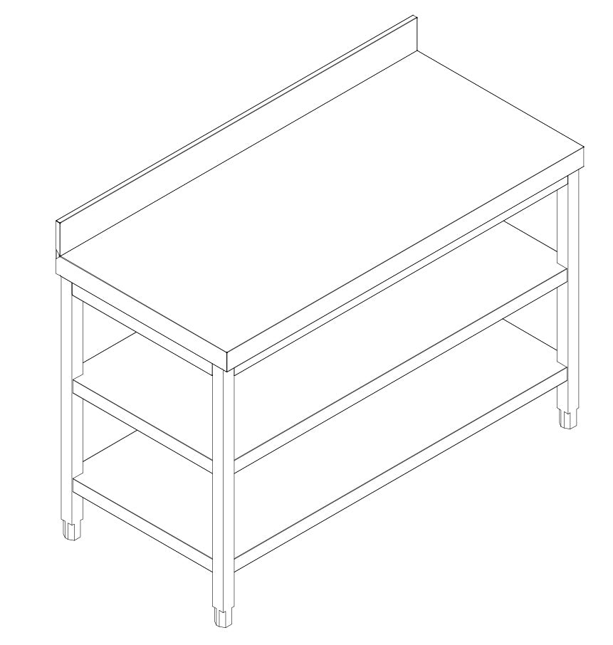 Rustfrit stål arbejdsbord PREMIUM - 1,6 m - med underhylde, mellemhylde & bagkant