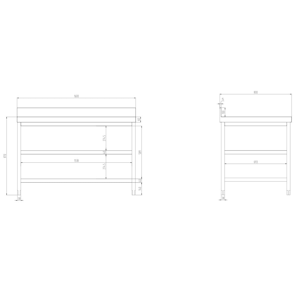 Rustfrit stål arbejdsbord PREMIUM - 1,6 m - med underhylde, mellemhylde & bagkant