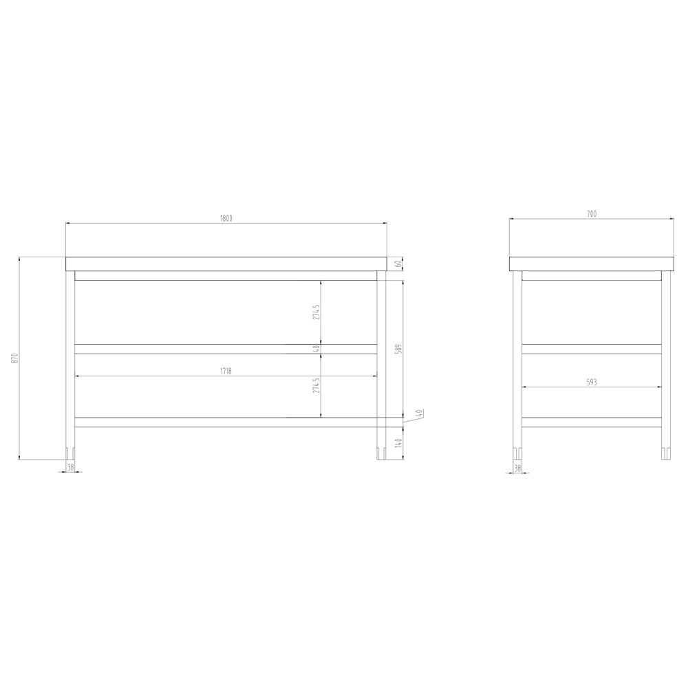 Rustfrit stål arbejdsbord PREMIUM - 1,8 m - med underhylde & mellemhylde