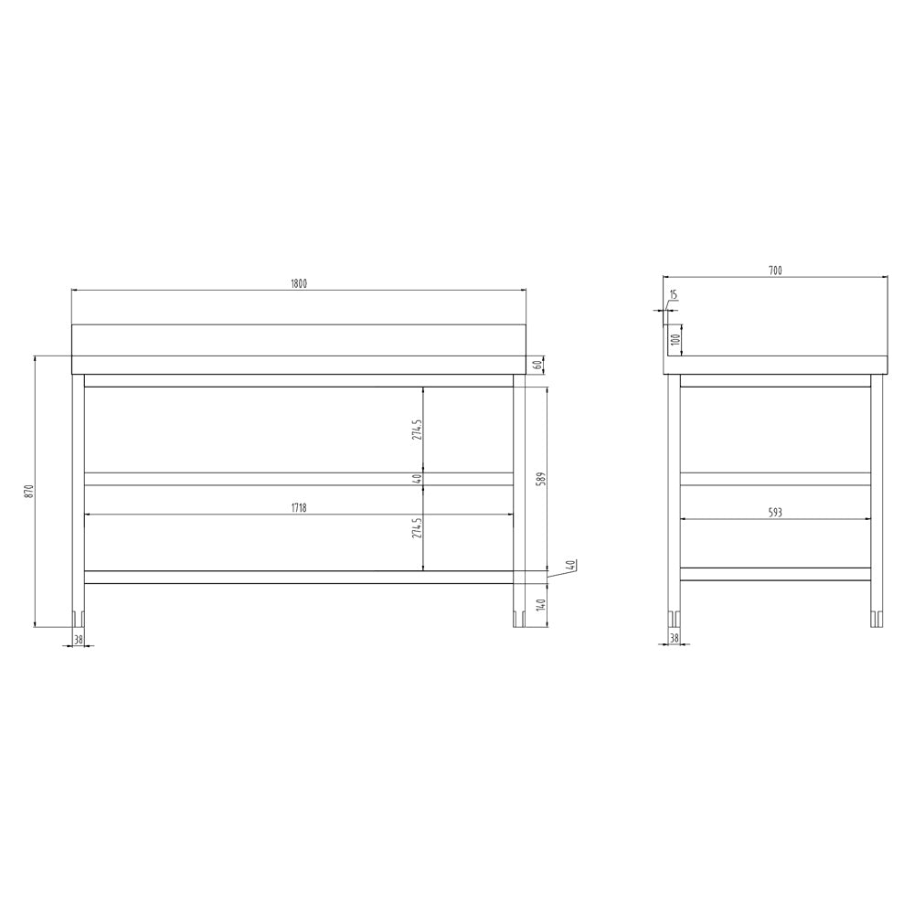 Rustfrit stål arbejdsbord PREMIUM - 1,8 m - med underhylde, mellemhylde & bagkant