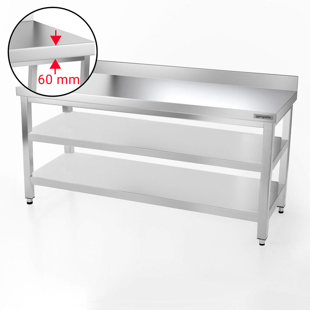 Rustfrit stål arbejdsbord PREMIUM - 1,8 m - med underhylde, mellemhylde & bagkant