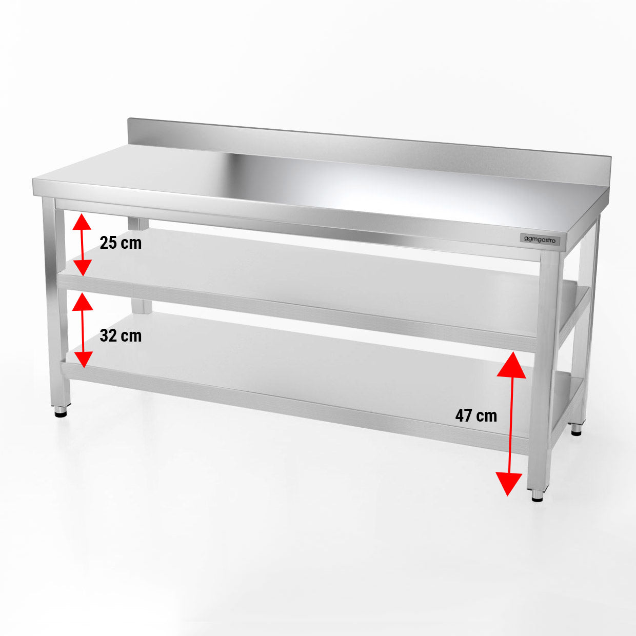 Rustfrit stål arbejdsbord PREMIUM - 1,8 m - med underhylde, mellemhylde & bagkant