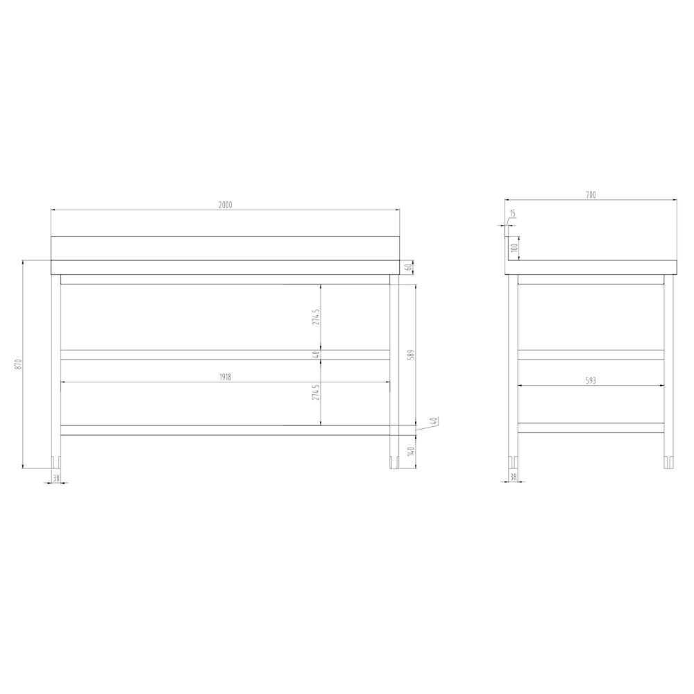 Rustfrit stål arbejdsbord PREMIUM - 2,0 m - med underhylde, mellemhylde & bagkant