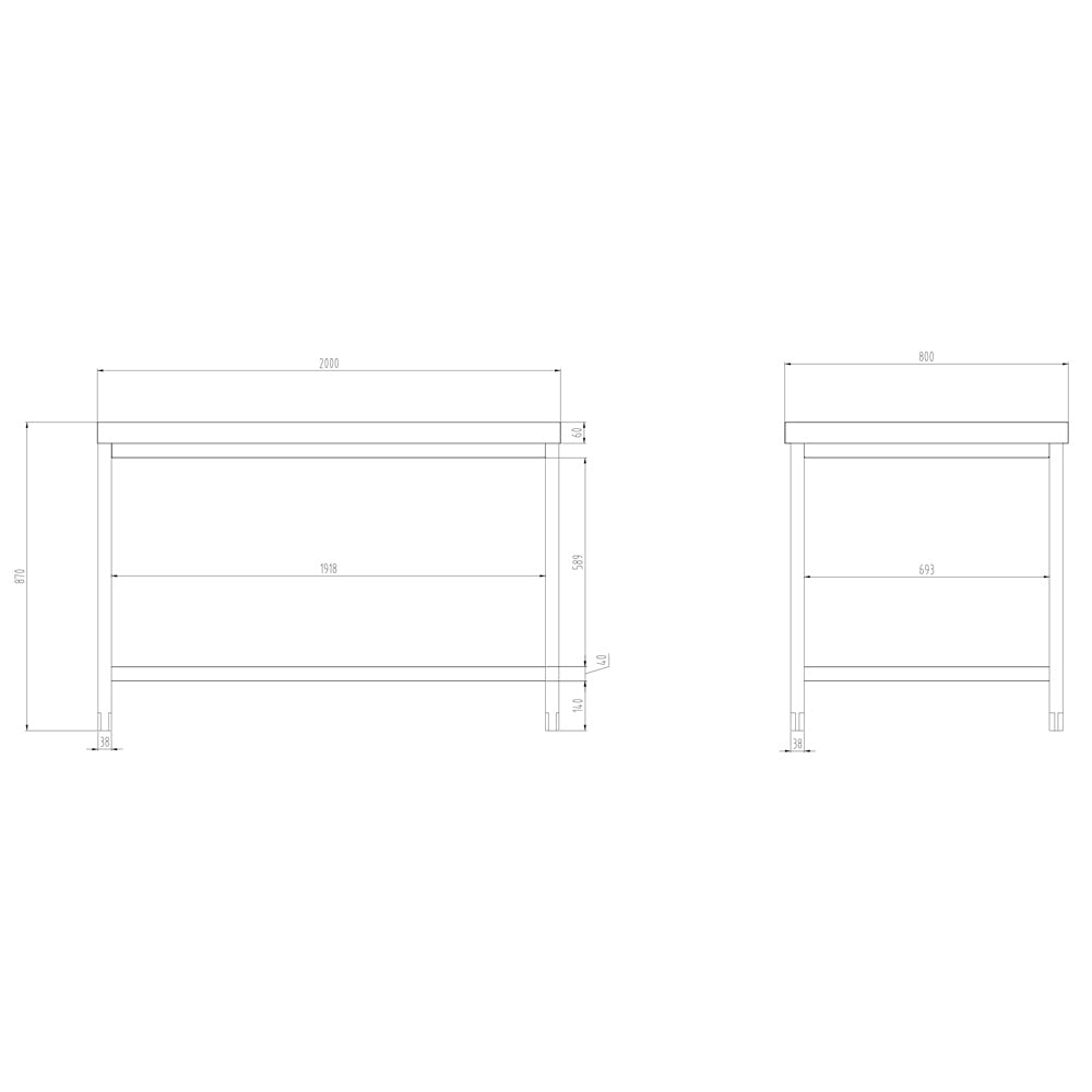 Rustfrit stål arbejdsbord PREMIUM - 2,0 m - med underhylde