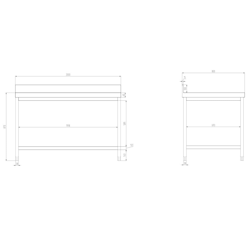 Rustfrit stål arbejdsbord PREMIUM - 2,0 m - med underhylde & bagkant