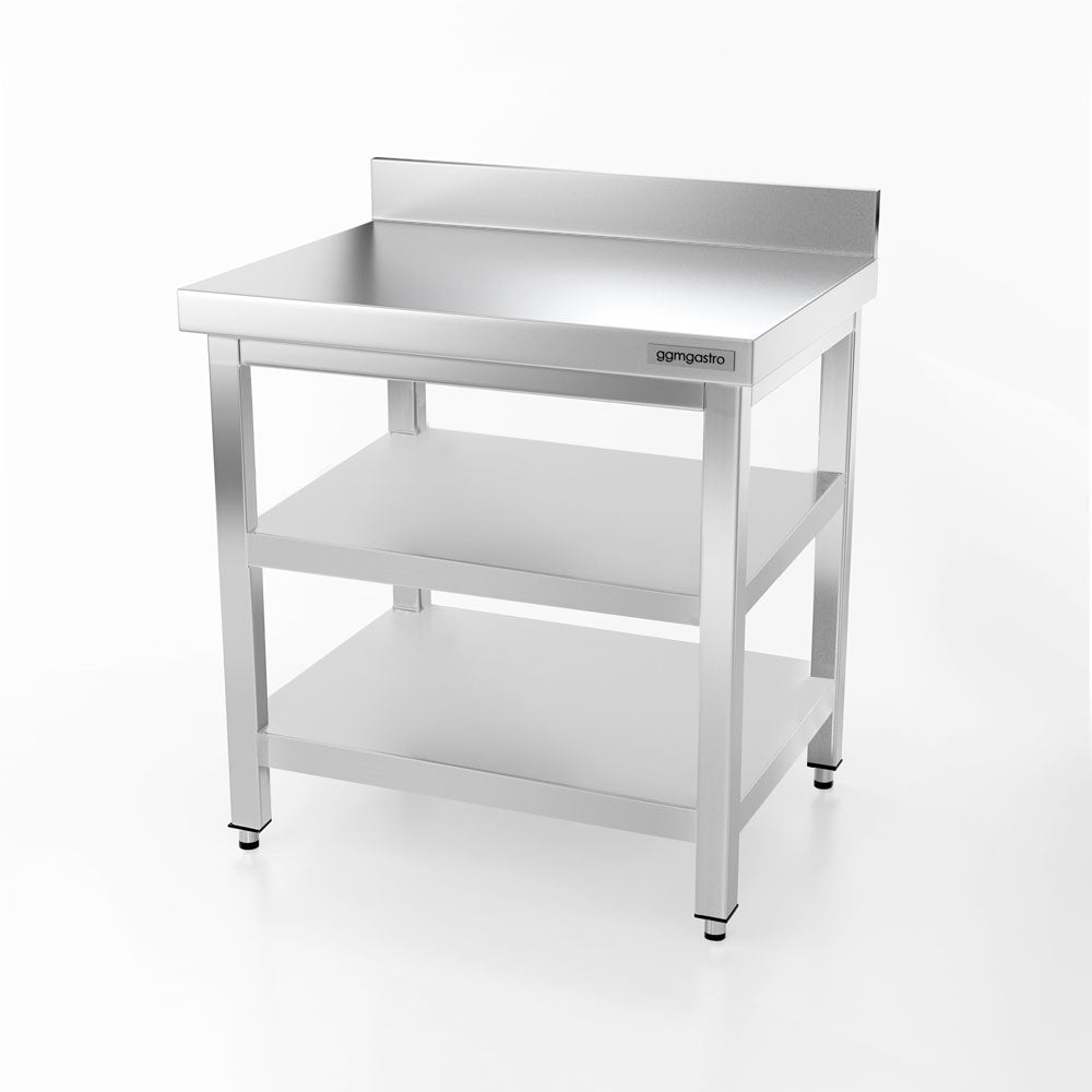 Rustfrit stål arbejdsbord PREMIUM - 0,6 m - med underhylde, mellemhylde & bagkant