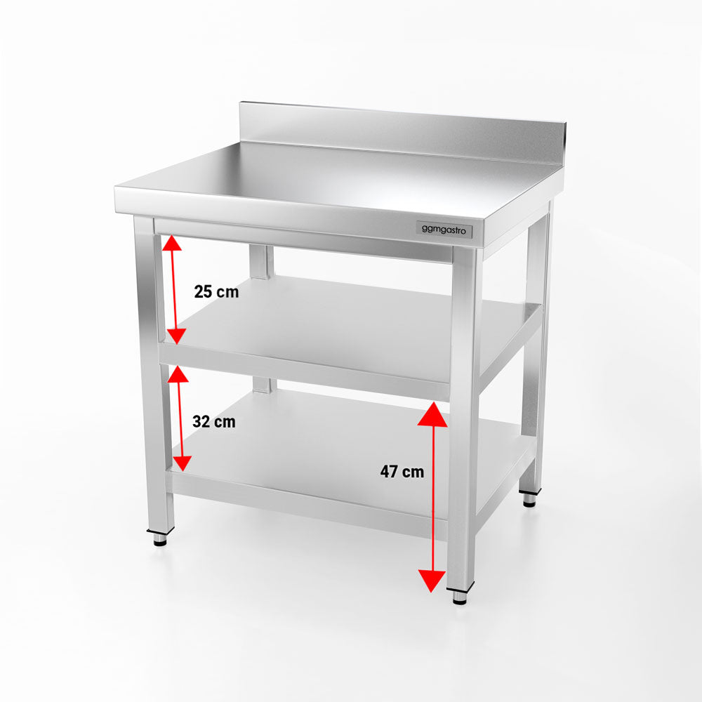 Rustfrit stål arbejdsbord PREMIUM - 0,6 m - med underhylde, mellemhylde & bagkant