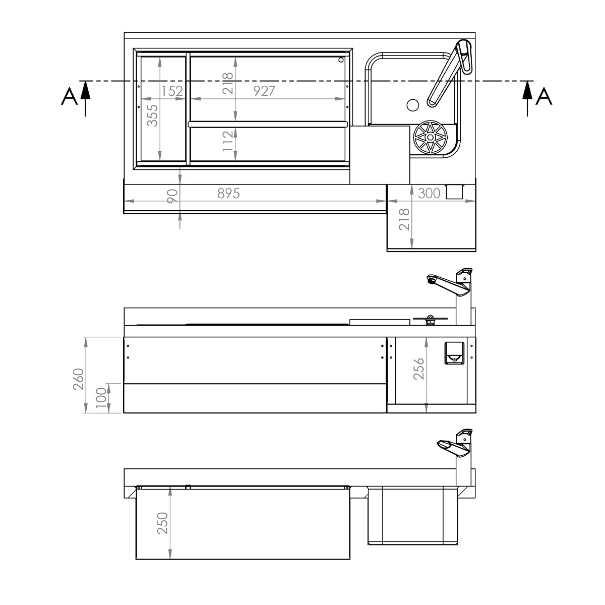 Backbar - 1,6 x 0,6 m - 235 liter - med 3 Skuffer 1/1 og Hylder