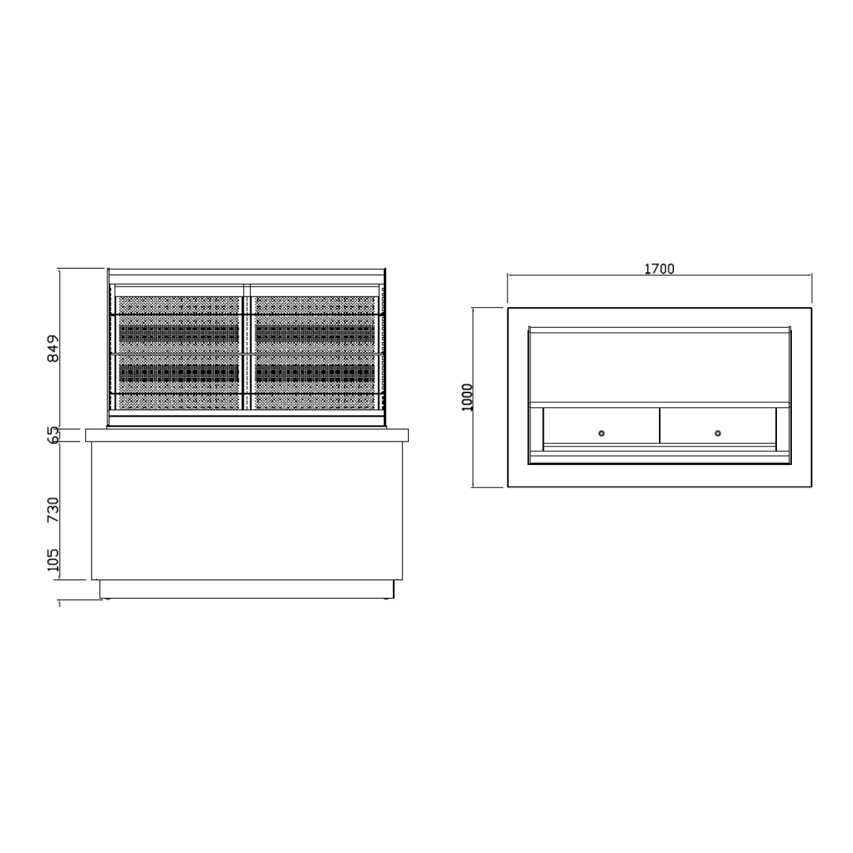 Kølevitrineskab - 1,7 x 1,0 m - 826 liter - med 4 hylder