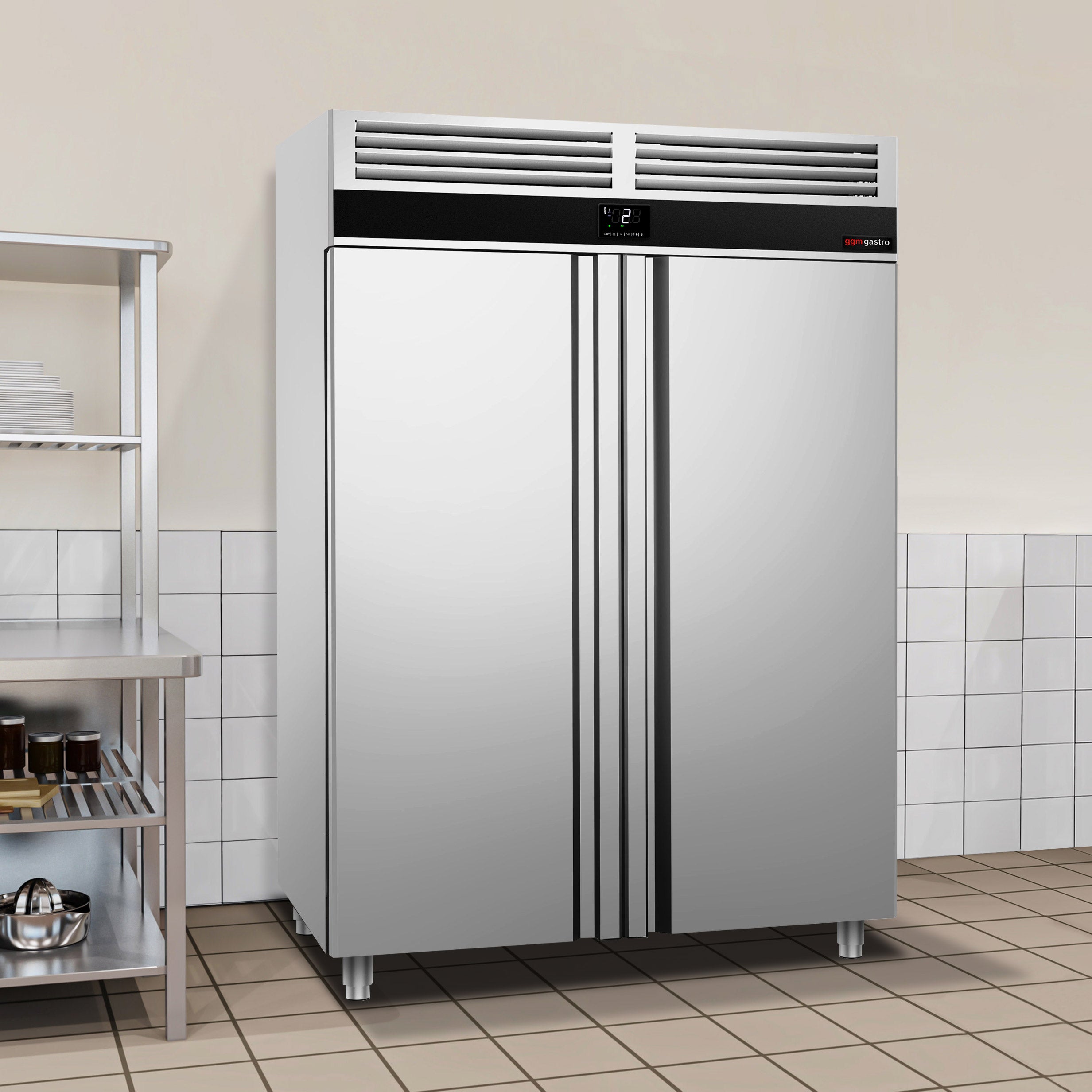 Køleskab - 0,7 x 0,81 m - med 2  døre i rustfrit stål