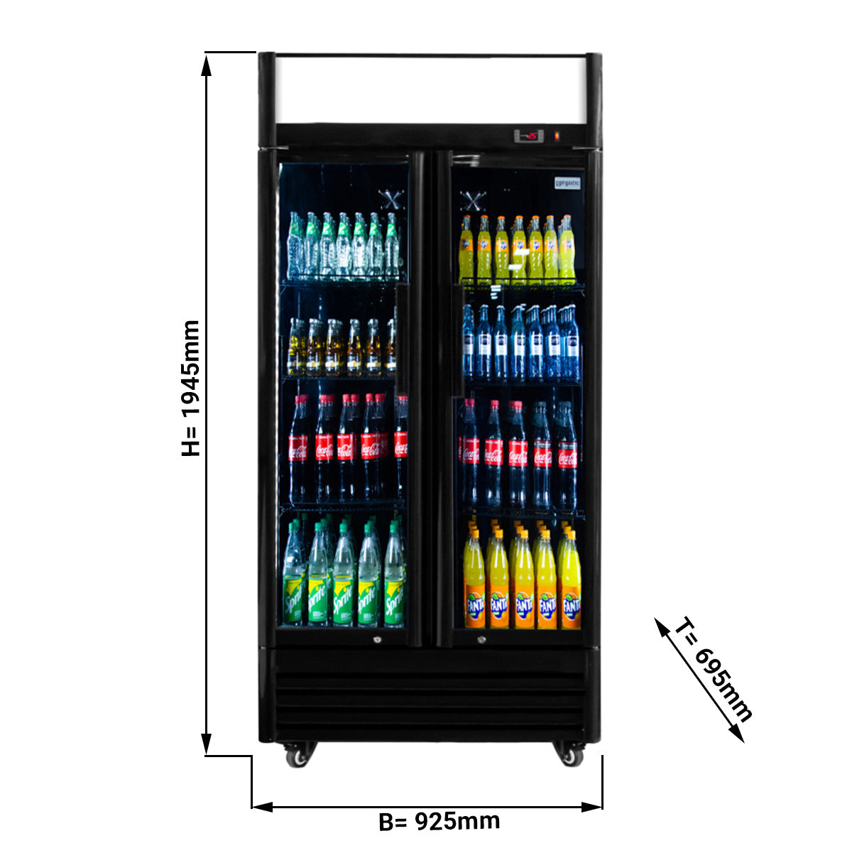 Flaskekøleskab sort - 630 liter - med 2 Glasdøre