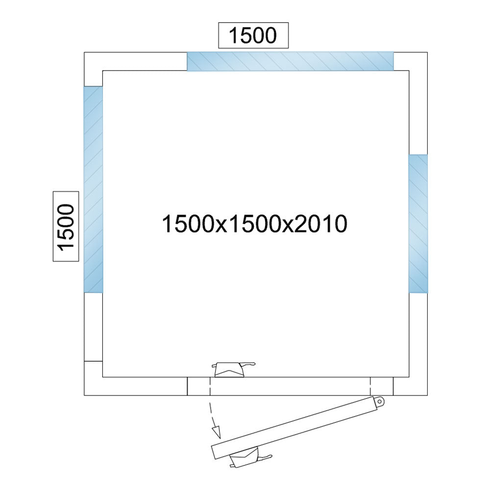 Kølerum - 1,5 x 1,5 m - højde: 2,01 m - 3,5 m³ - med 3 glas sider