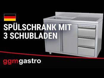 Køkkenvask stål - med underskab - med 3 skuffer - 2,0 m - 2 vaske til venstre - med bagkant og dobbelte døre