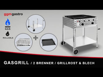 Gasgrill - 10 kW - 2 brændere - inkl. mobil base, grillstativ og bakke