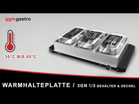 Varmeplade i rustfrit stål - 400 W - GN 1/3 - inkl. 3x GN 1/3 GN-beholdere og låg
