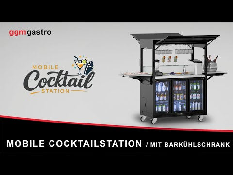Mobil cocktailstation - med barkøleskab, arbejdsflade, glasplade og LED-belysning - hængslet