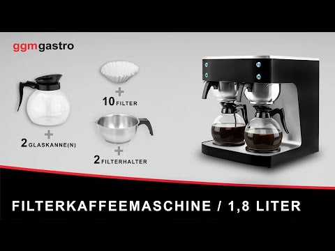 Filterkaffemaskine - 2x 1,8 l - med 4 varmeplader - inkl. 2 glaskander 1,8 l