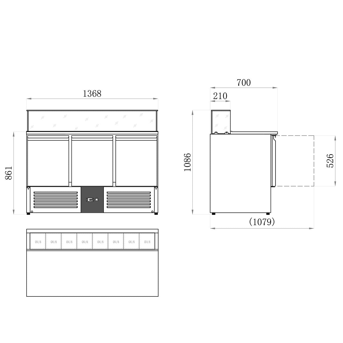 Saladette PREMIUM - 1,36 x 0,7 m - med 3 Døre