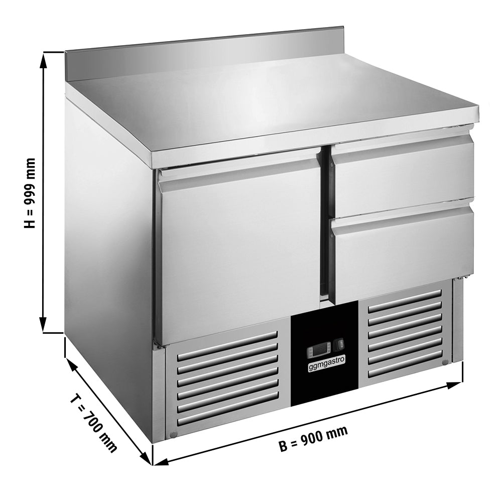 Saladette / kølebord PREMIUM - 0,9 x 0,7 m - med 1 Dør og 2 Skuffer 1/2 og Bagkant