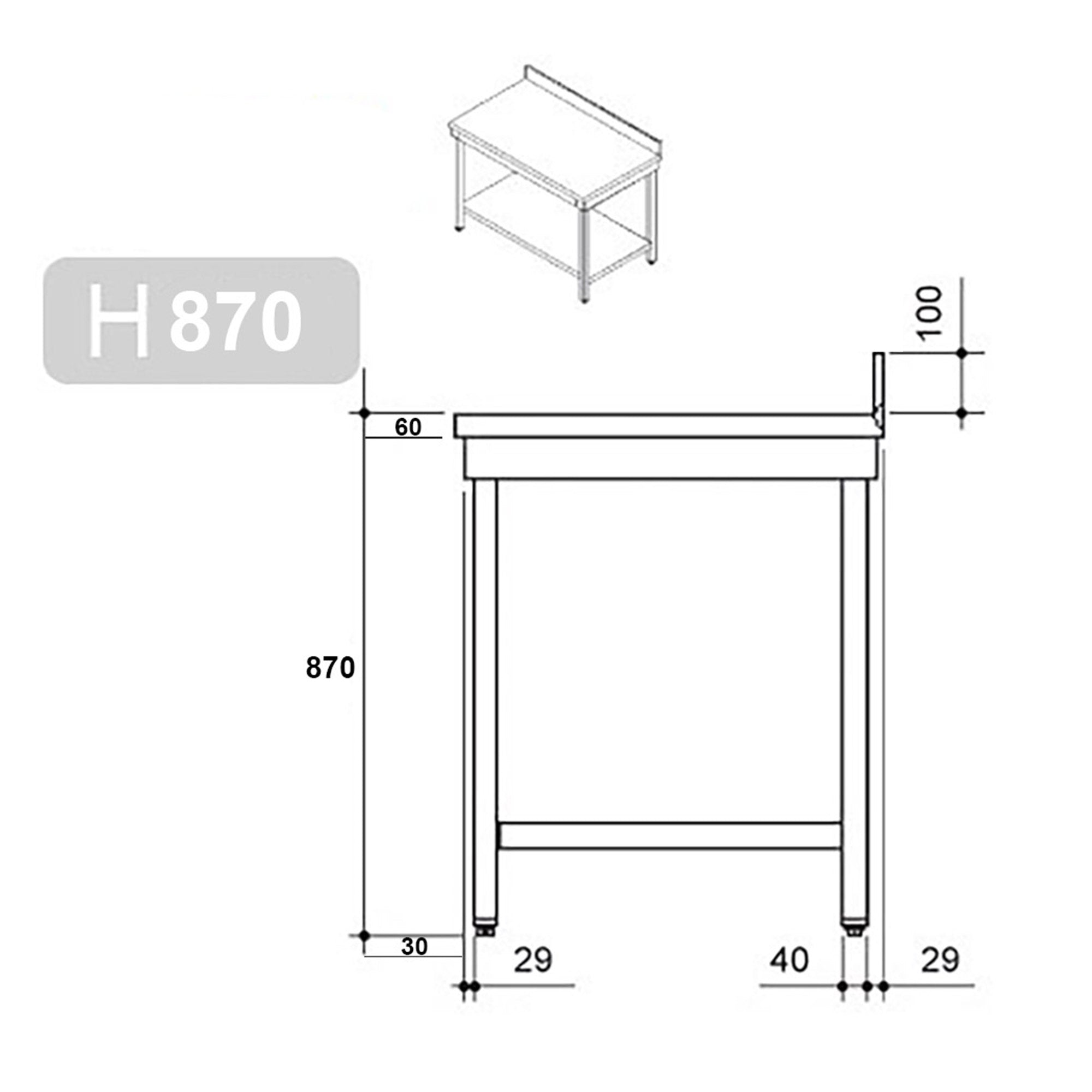 Rustfrit stål arbejdsbord PREMIUM 1,2 m - med underhylde og bagkant